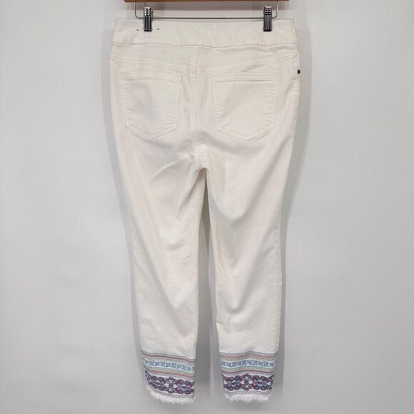 Chico's 0.5   White Pull-On  Ankle Pants Embroidered Hem Frayed Edge Womens Size - Picture 6 of 13